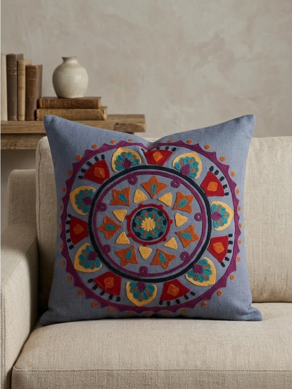 Crate & Barrel Navita Embroidered Medallion Pillow Cover Blue Multi 18x18